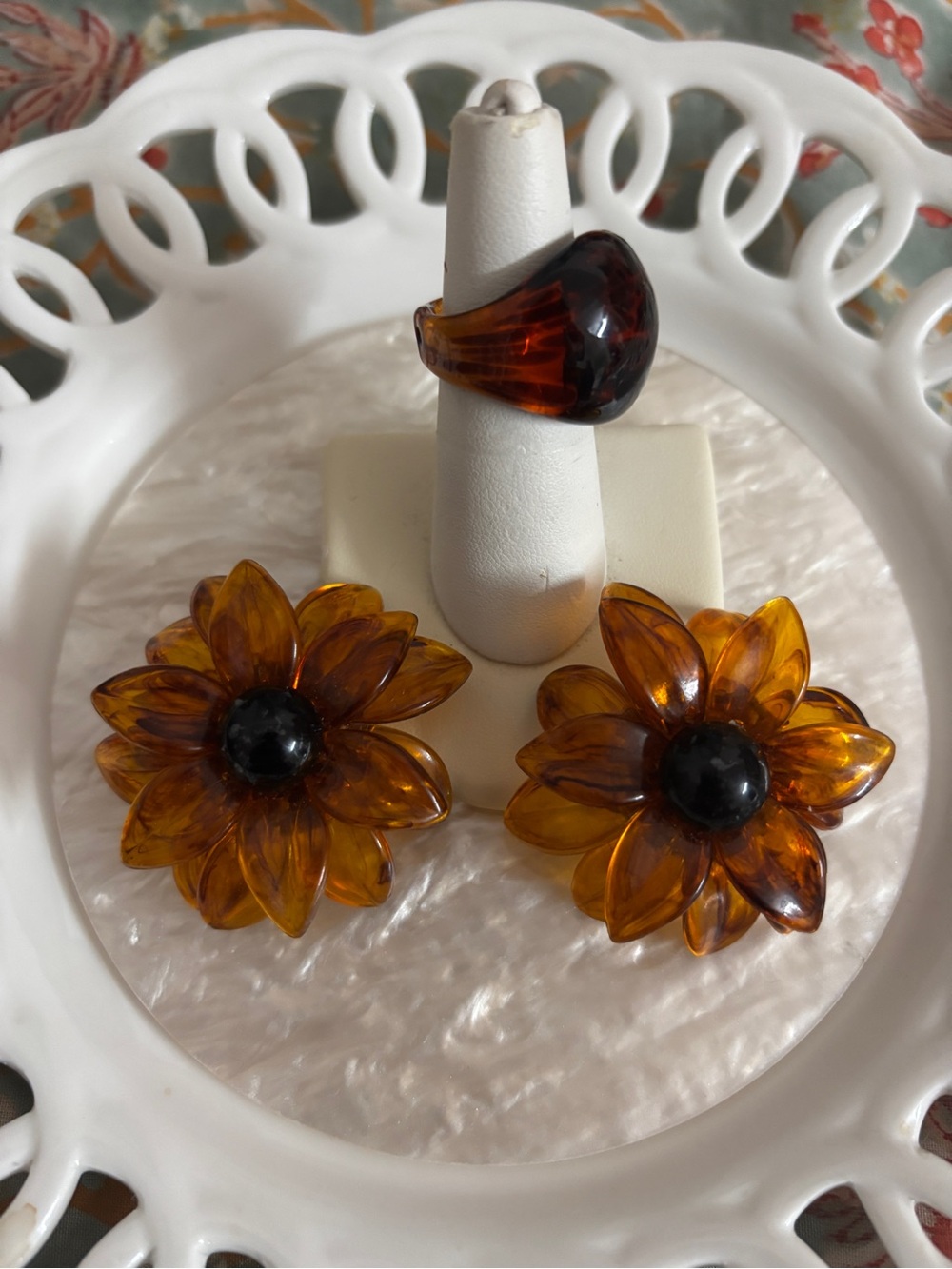 Amber Flower Clip-On Earrings and Tortoise Glass Ring - Women Jewelry